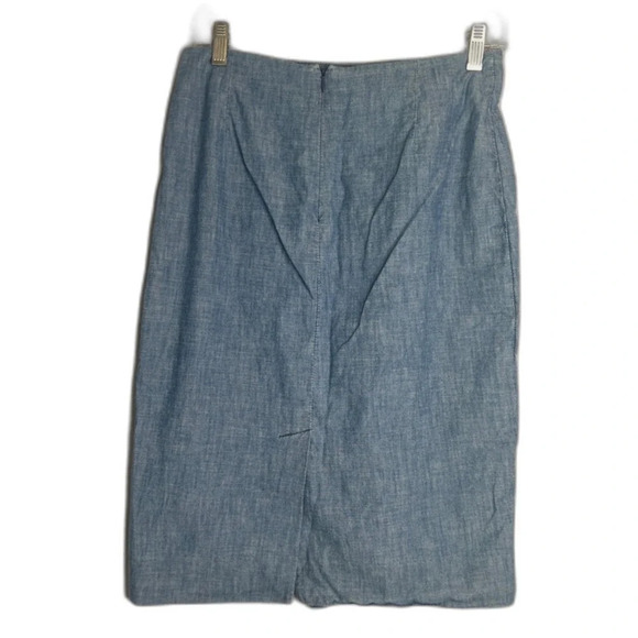 J Crew Denim Chambray Front Slant Ruffle 100% Cotton Pencil Skirt Sz 4 - Picture 2 of 8